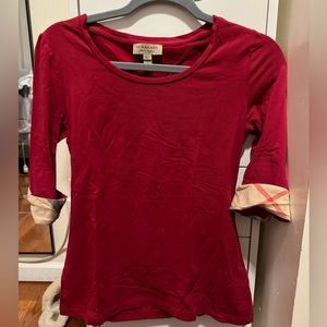 Burberry Brit deep red long sleeve t shirt with Burberry design sleeves